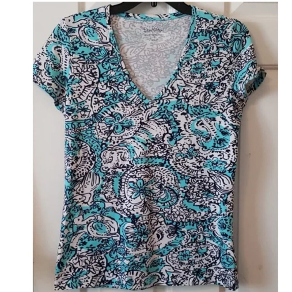 Lilly Pulitzer MEDIUM Etta V-Neck Mermaid Short Sleeve Tee